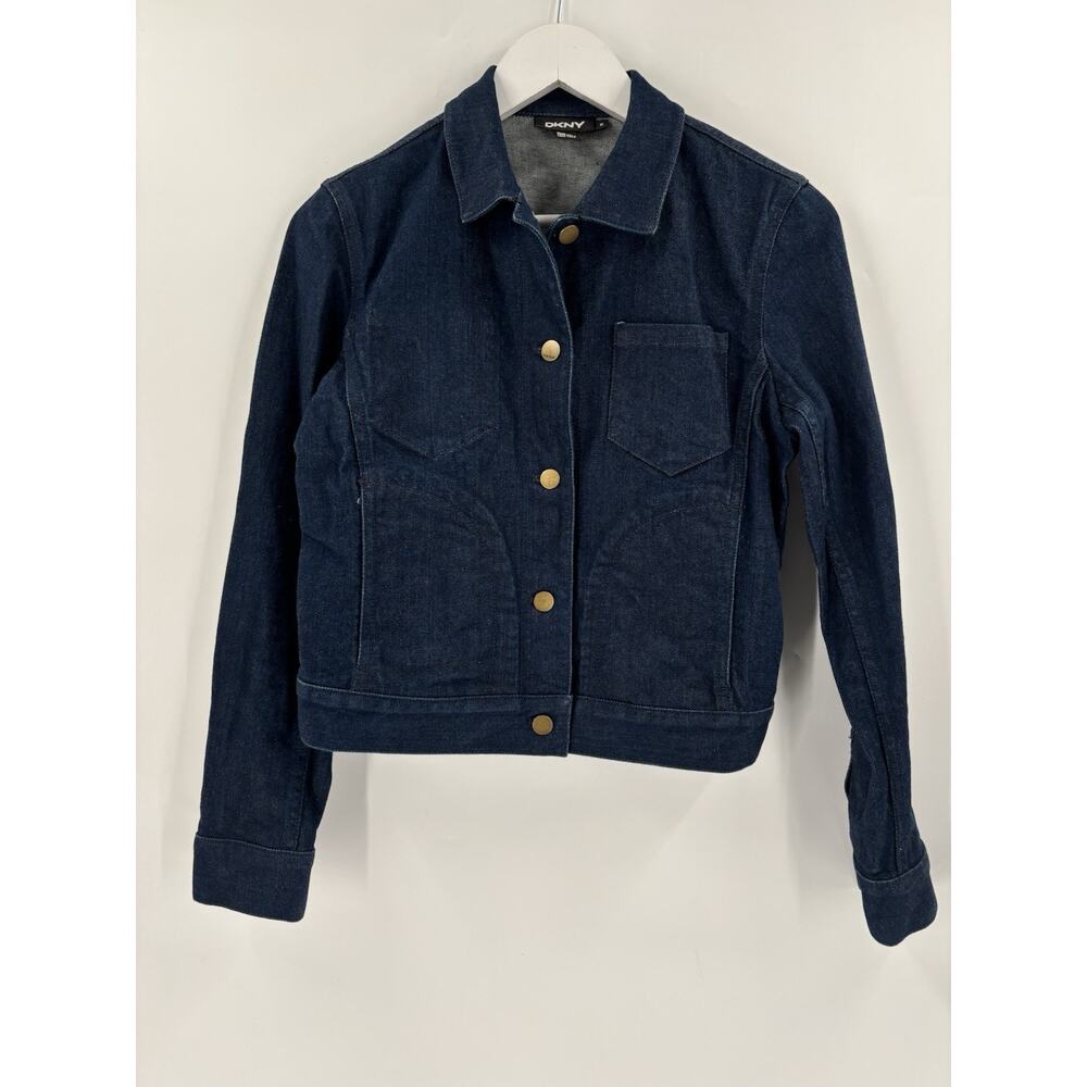 DKNY Jean Jacket Womens 6 Blue Dark Wash Denim Gold Buttons Pockets Cotton Y2K